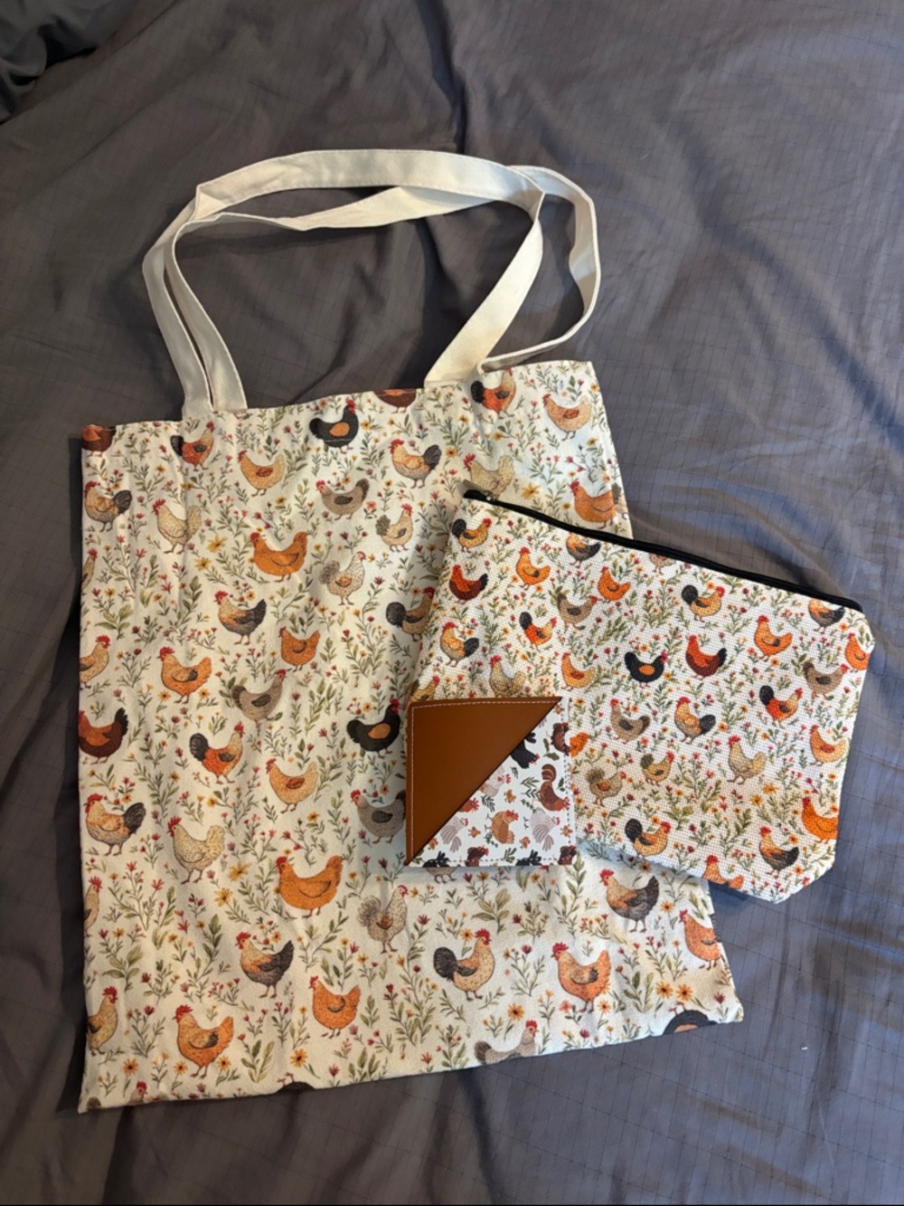 Chicken Print Canvas Tote & Zip Pouch Set - Cream with Orange & Brown Roosters